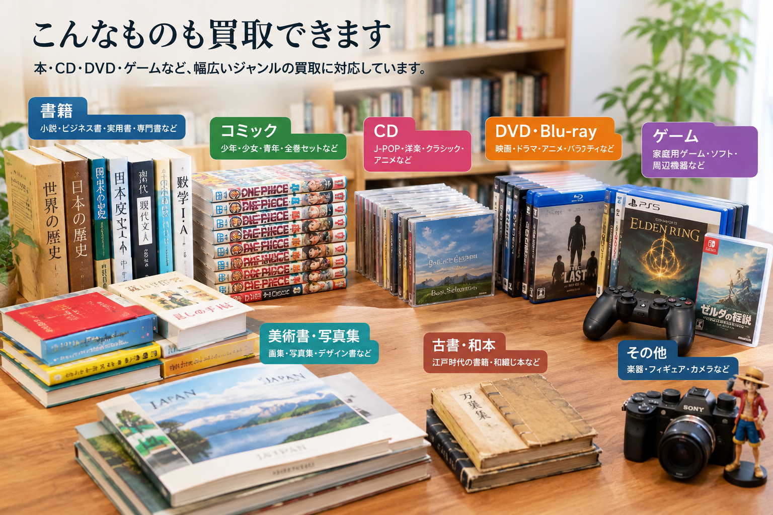 買取対象となる書籍のジャンル・書棚の様子