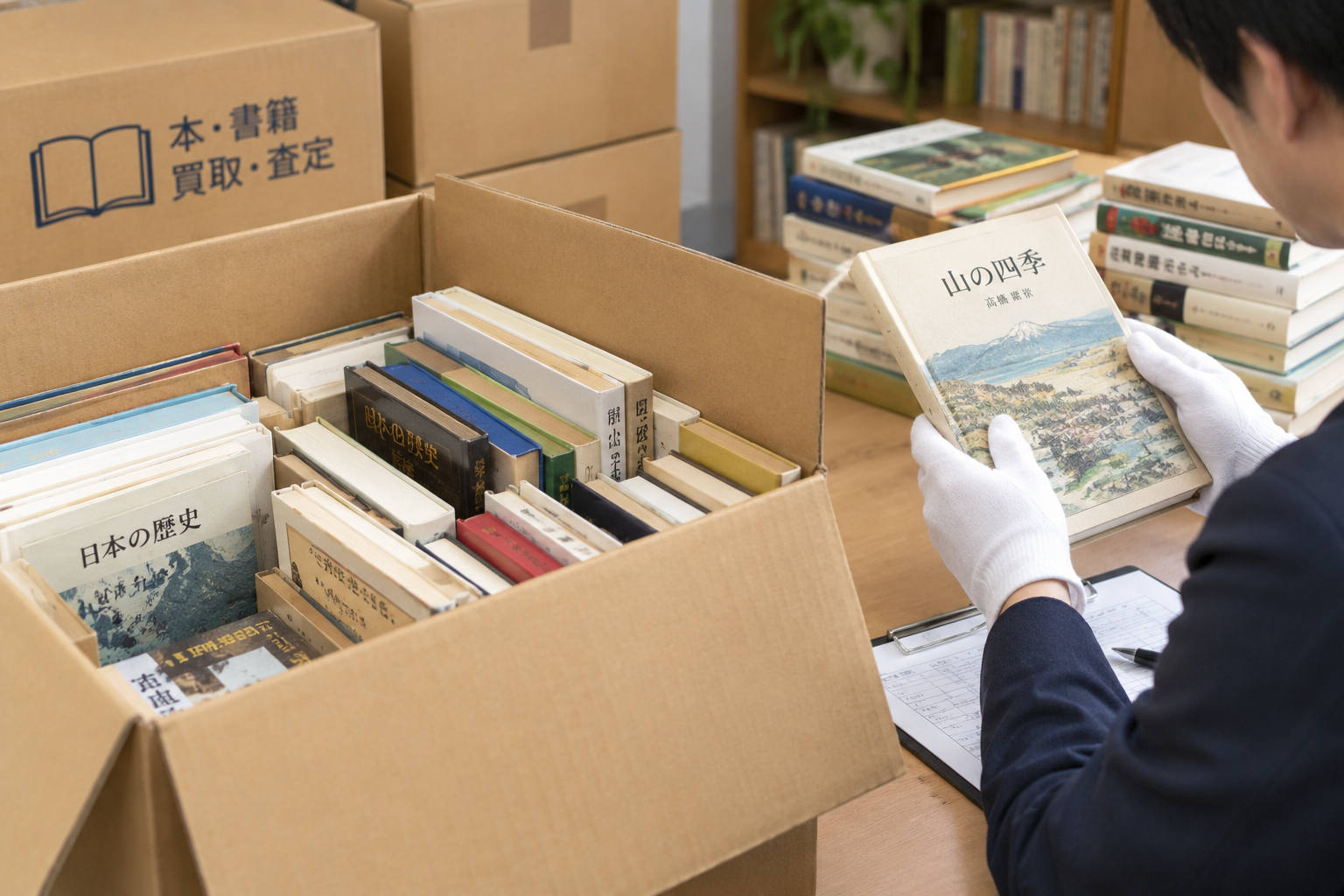 段ボールに詰められた本の遺品整理・査定風景
